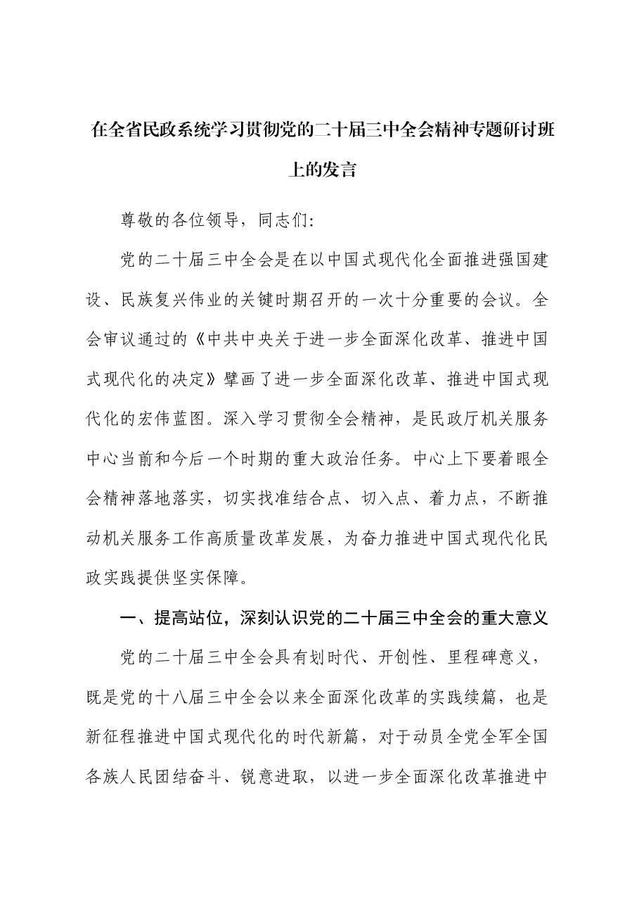在全省民政系统学习贯彻党的二十届三中全会精神专题研讨班上的发言.docx,第1页预览