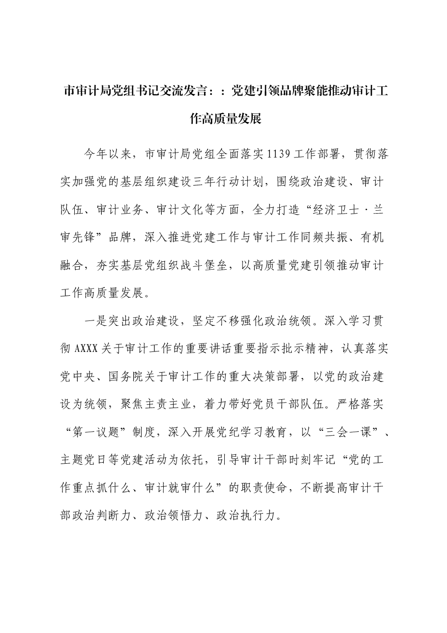 市审计局党组书记交流发言:党建引领 品牌聚能 推动审计工作高质量发展.docx,第1页预览