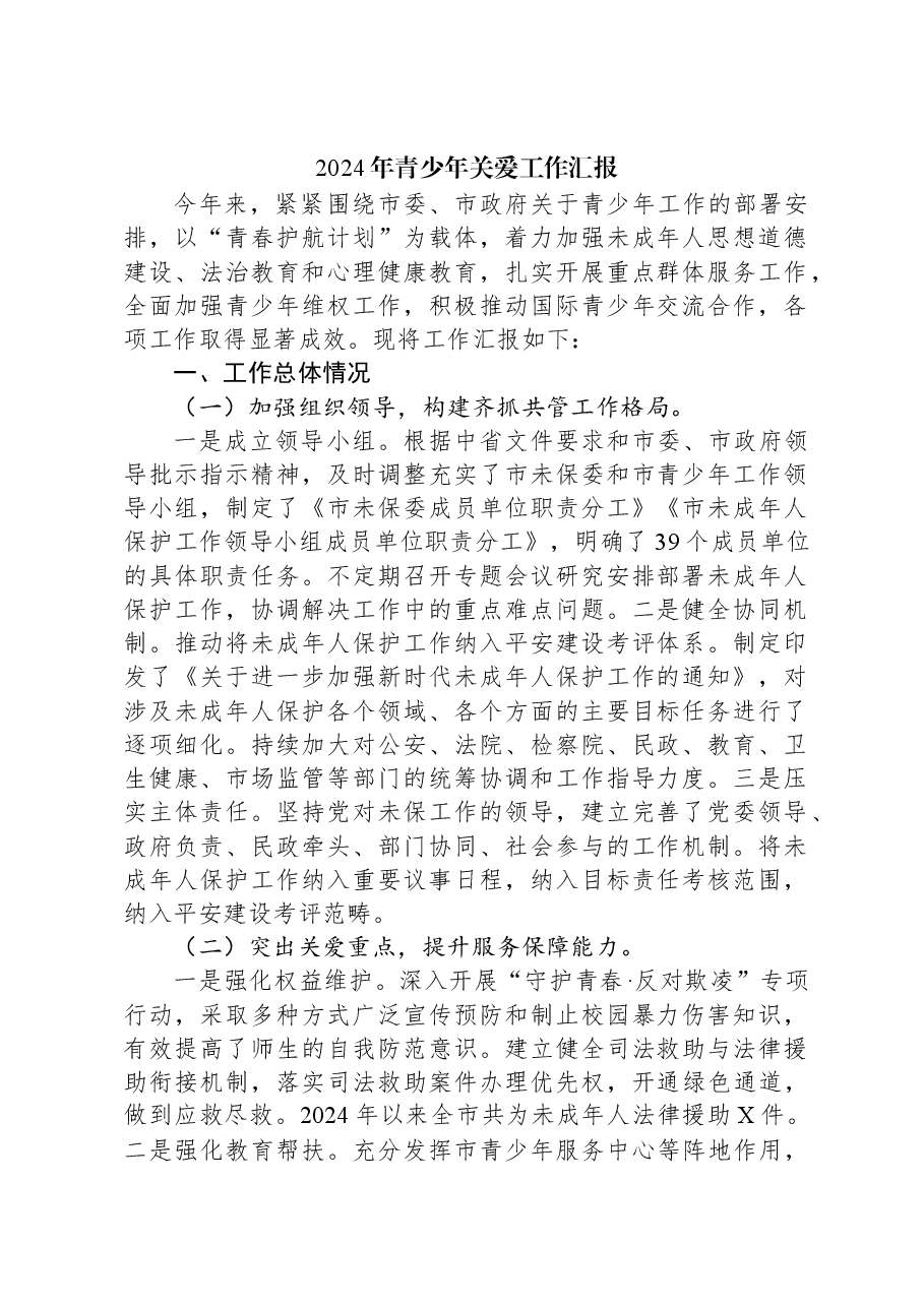 2024年青少年关爱工作汇报.docx，第1页预览