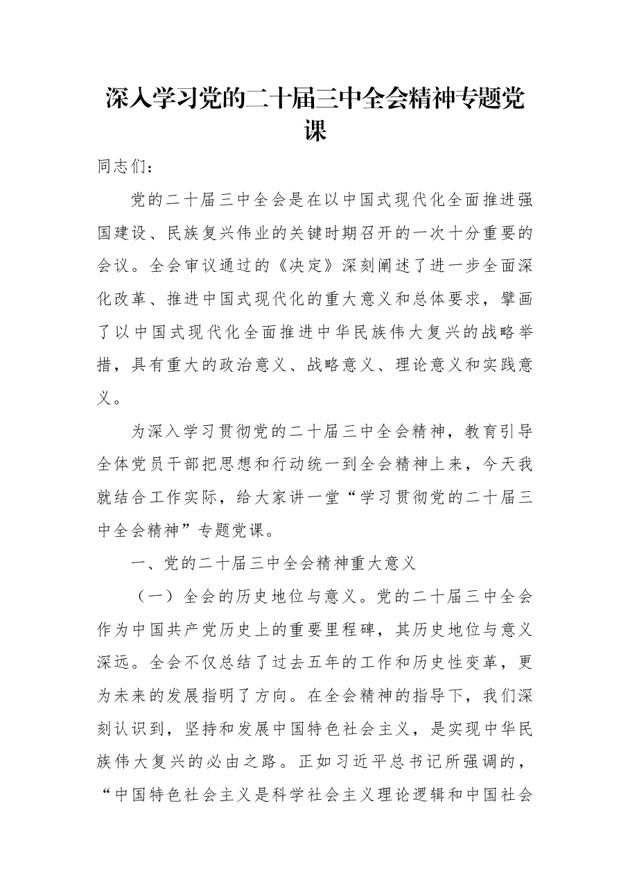 二十届三中全会宣讲讲稿:学习贯彻党的二十届三中全会精神.docx,第1页预览