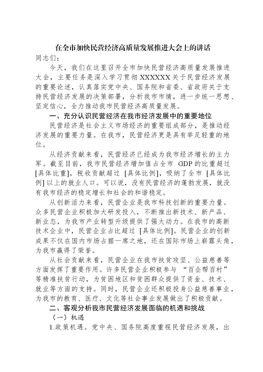 在全市加快民营经济高质量发展推进大会上的讲话.docx,第1页预览