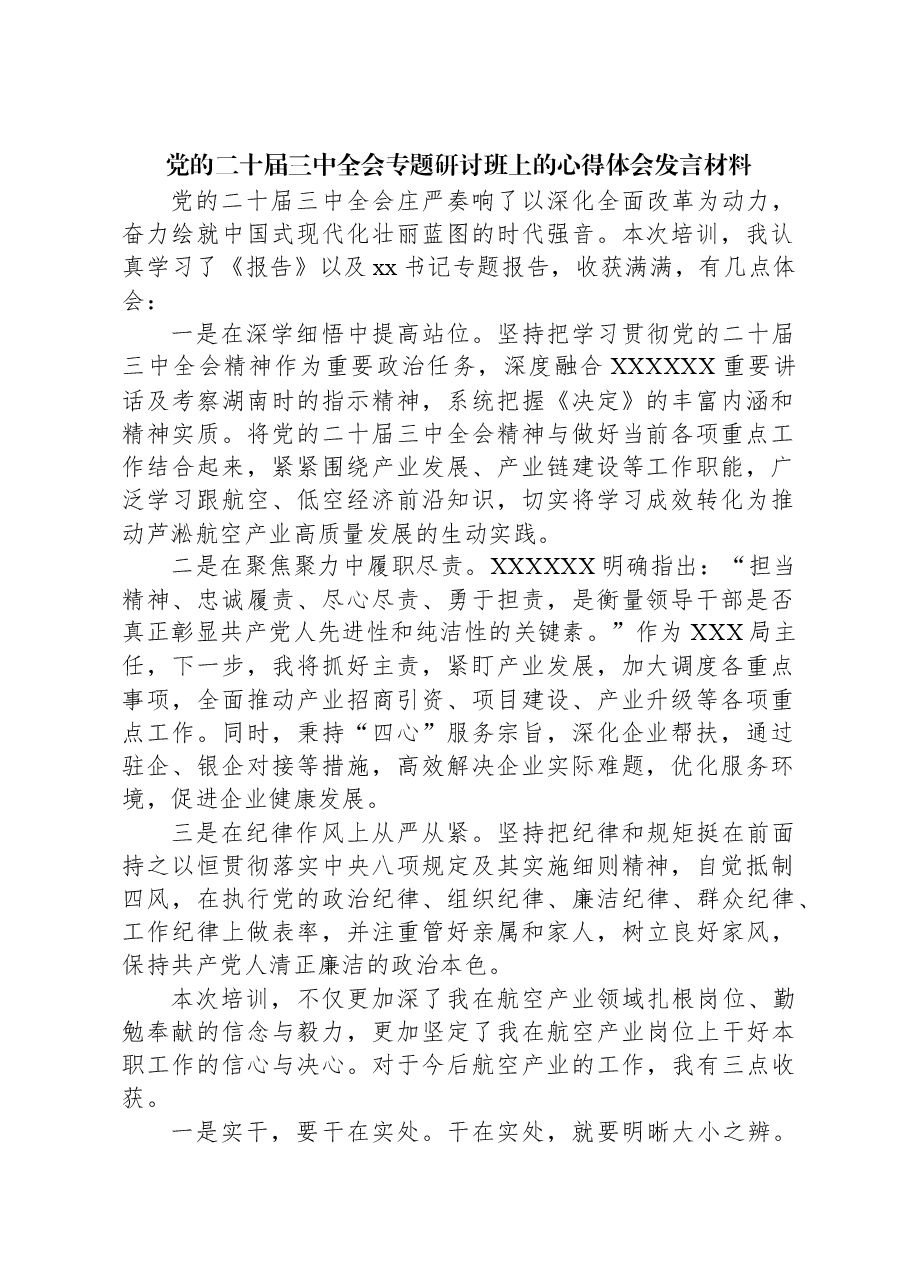 党的二十届三中全会专题研讨班上的心得体会发言材料.docx，第1页预览
