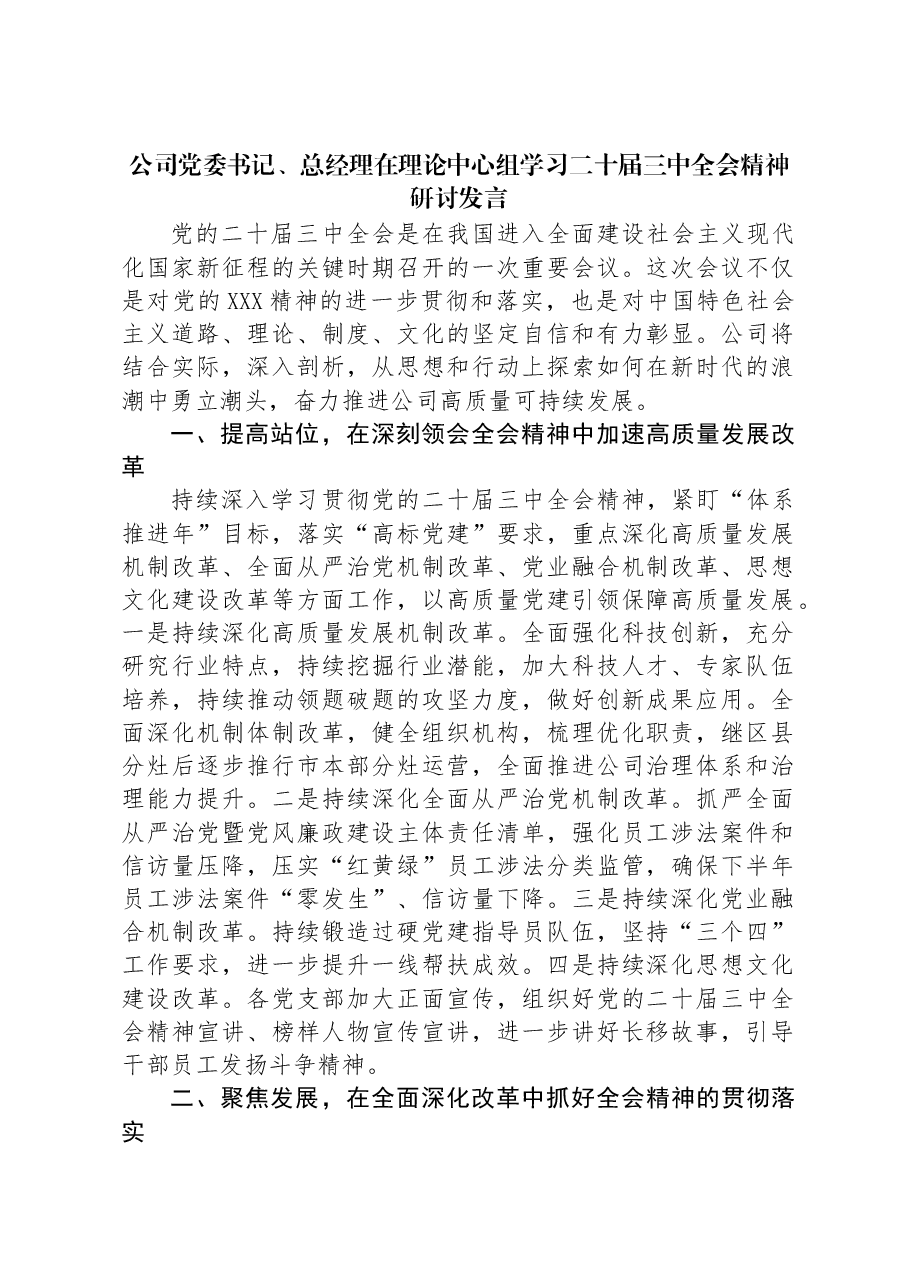 公司党委书记、总经理在理论中心组学习二十届三中全会精神研讨发言.docx,第1页预览