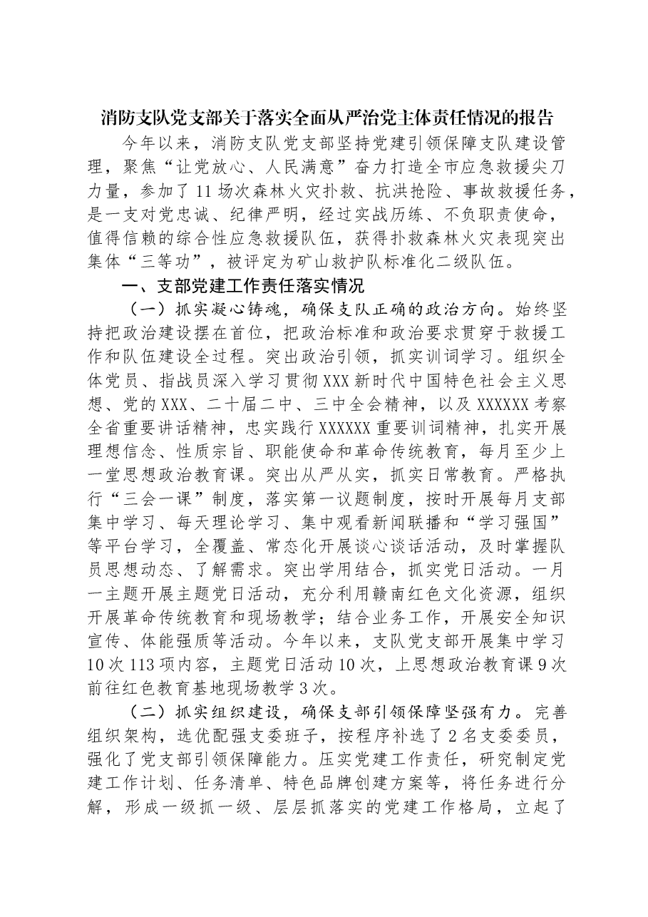 消防支队党支部关于落实全面从严治党主体责任情况的报告.docx,第1页预览