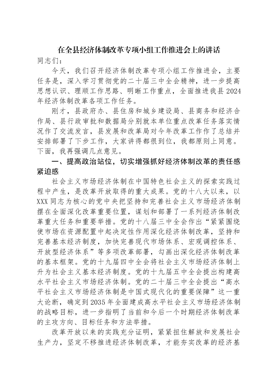 在全县经济体制改革专项小组工作推进会上的讲话.docx,第1页预览