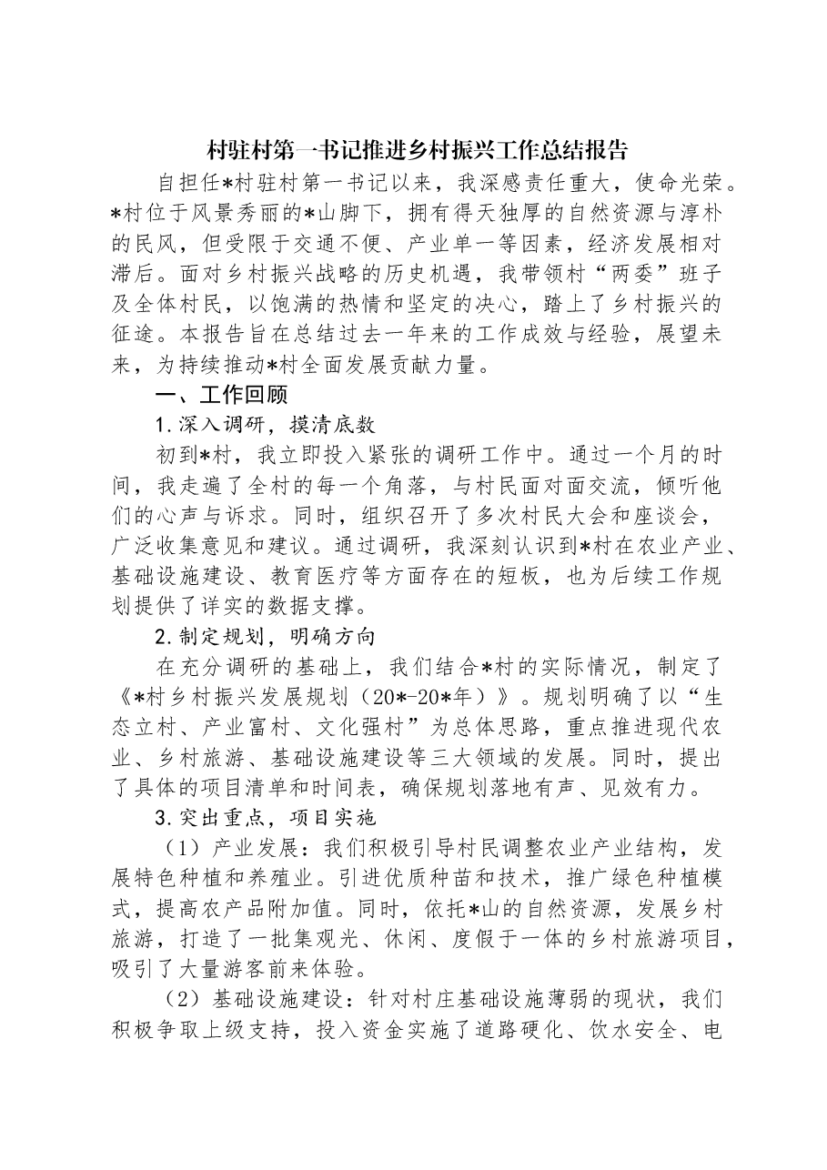 村驻村第一书记推进乡村振兴工作总结报告.docx,第1页预览