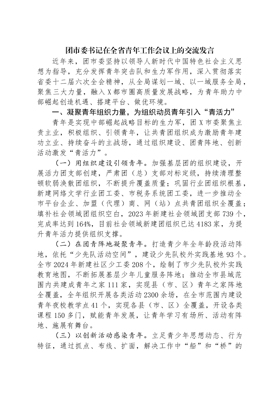 团市委书记在全省青年工作会议上的交流发言.docx,第1页预览