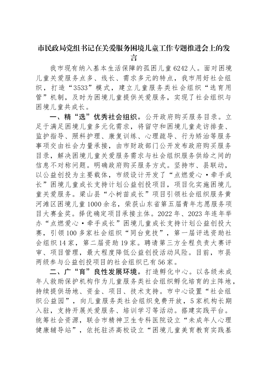 市民政局党组书记在关爱服务困境儿童工作专题推进会上的发言.docx,第1页预览
