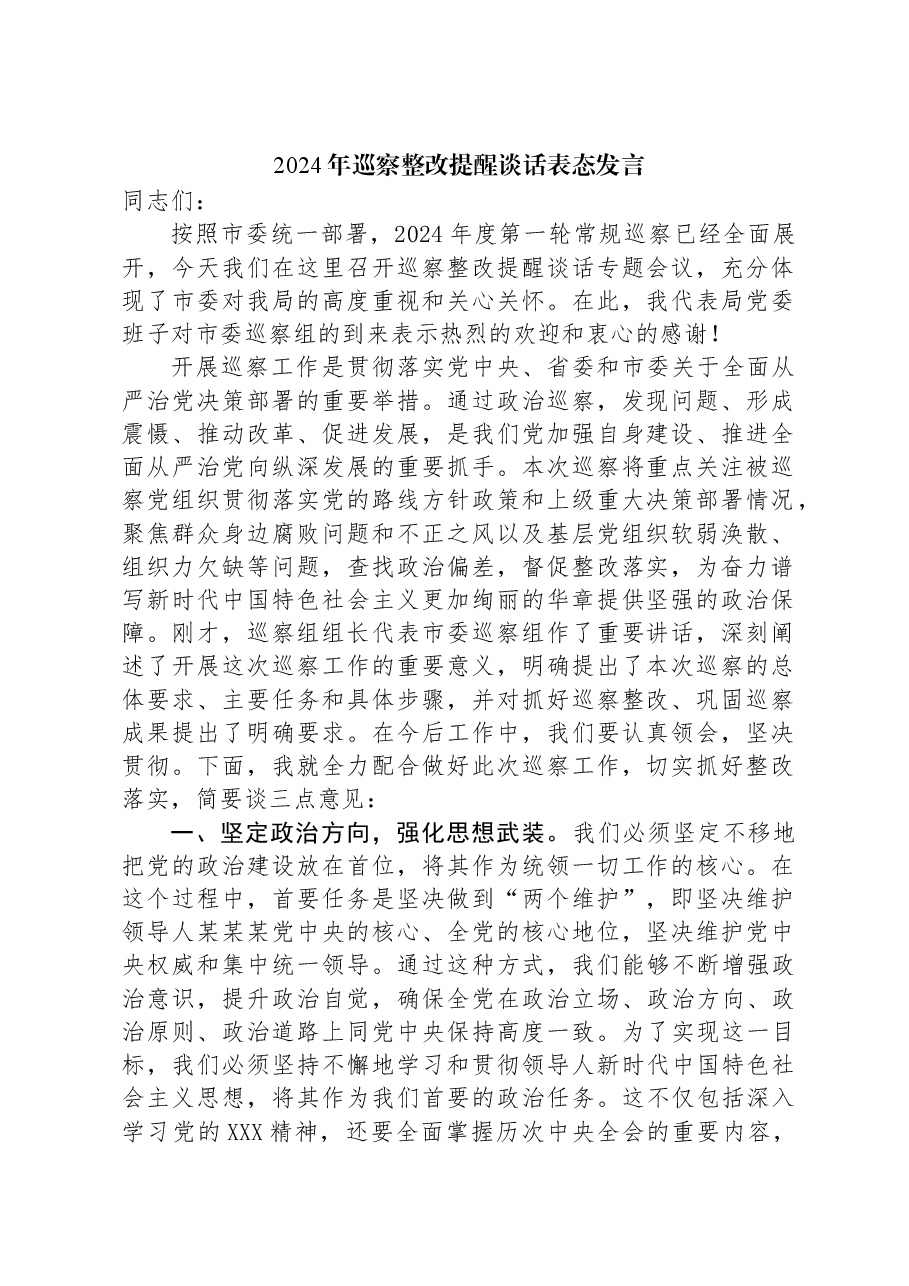 2024年巡察整改提醒谈话表态发言.docx,第1页预览