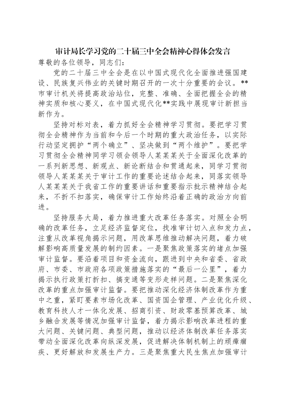 审计局长学习党的二十届三中全会精神心得体会发言.docx,第1页预览