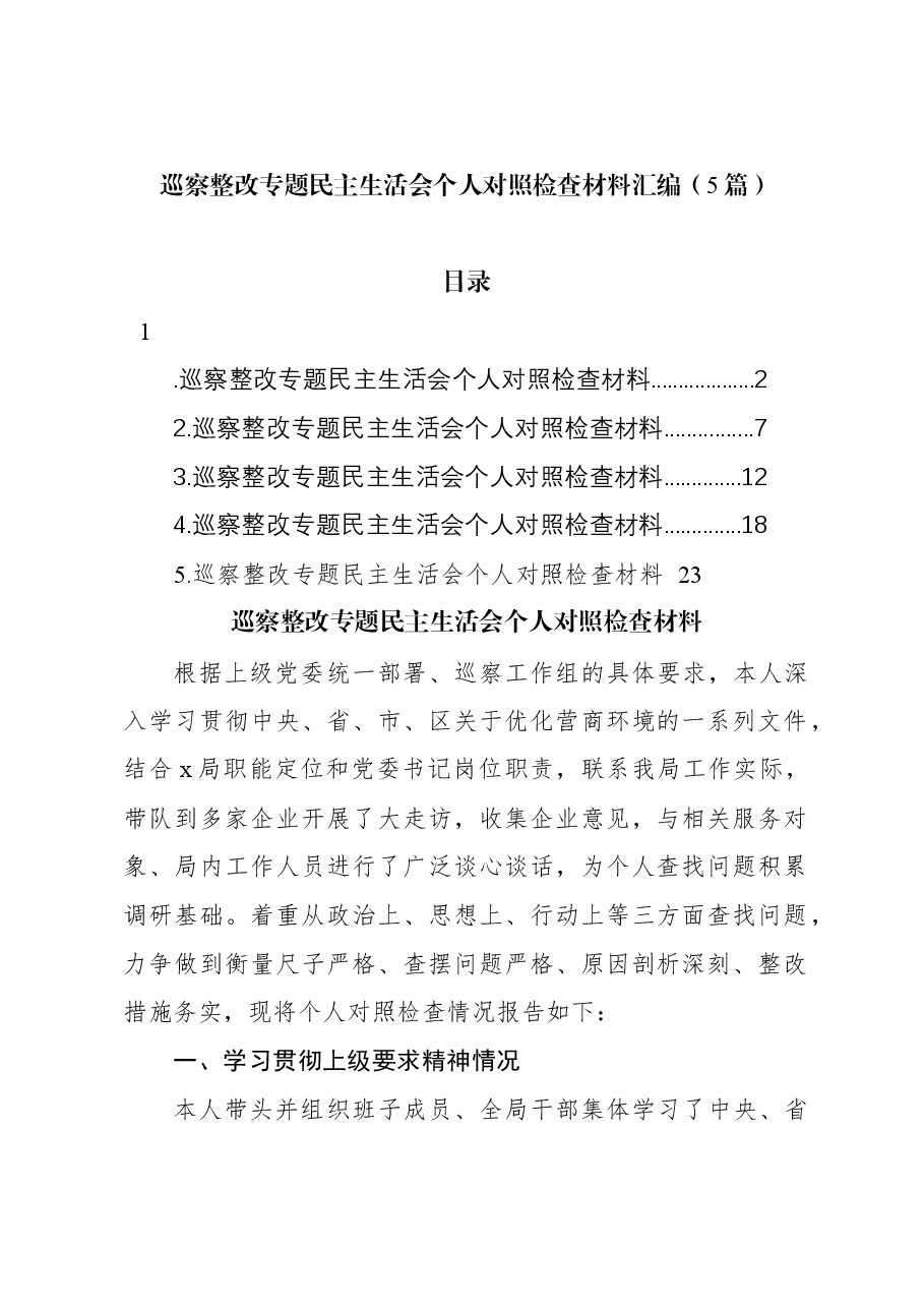 (5篇)巡察整改专题民主生活会个人对照检查材料汇编.docx,第1页预览