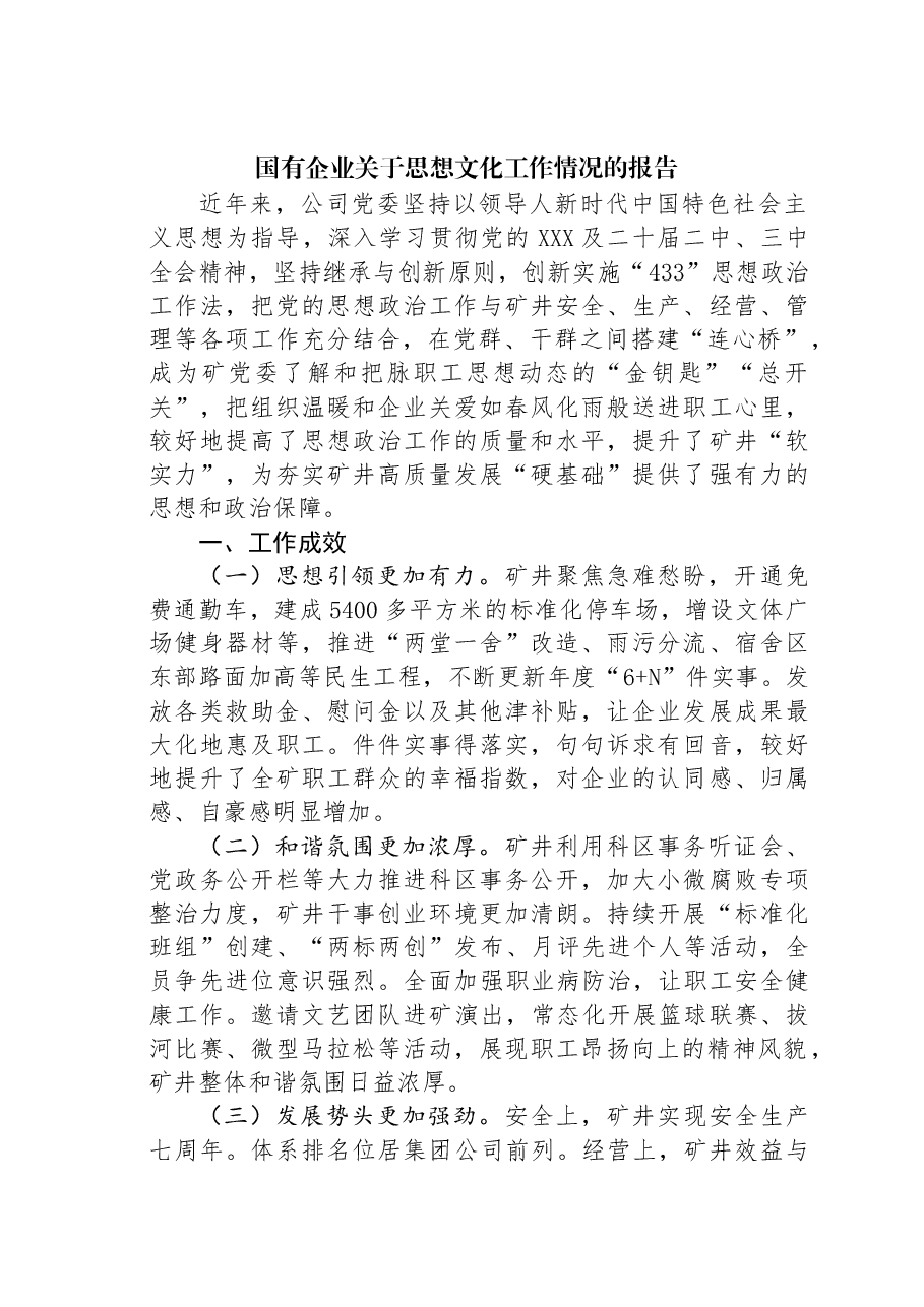 国有企业关于思想文化工作情况的报告.docx,第1页预览