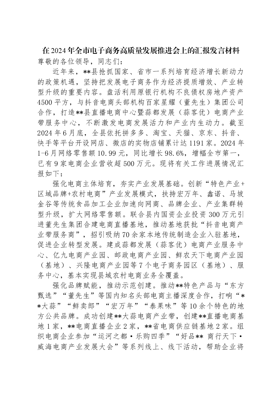在2024年全市电子商务高质量发展推进会上的汇报发言材料.docx,第1页预览
