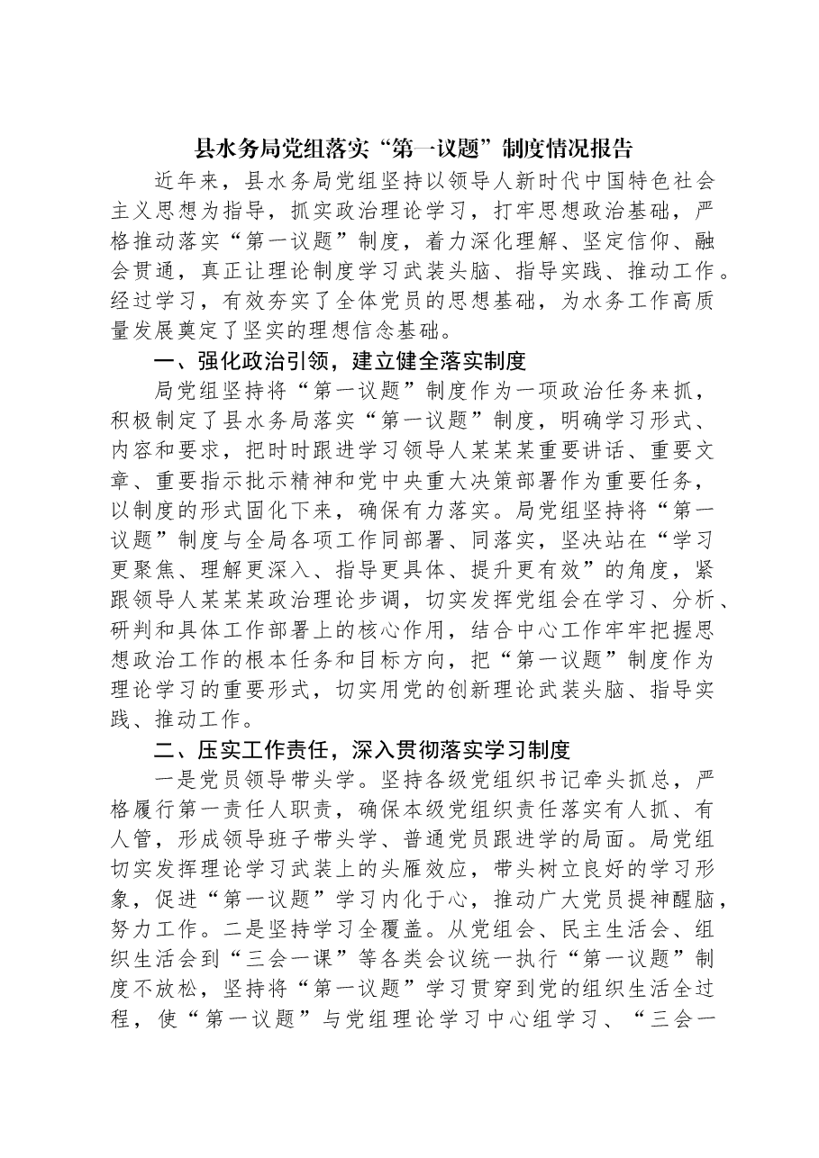 县水务局党组落实“第一议题”制度情况报告.docx,第1页预览