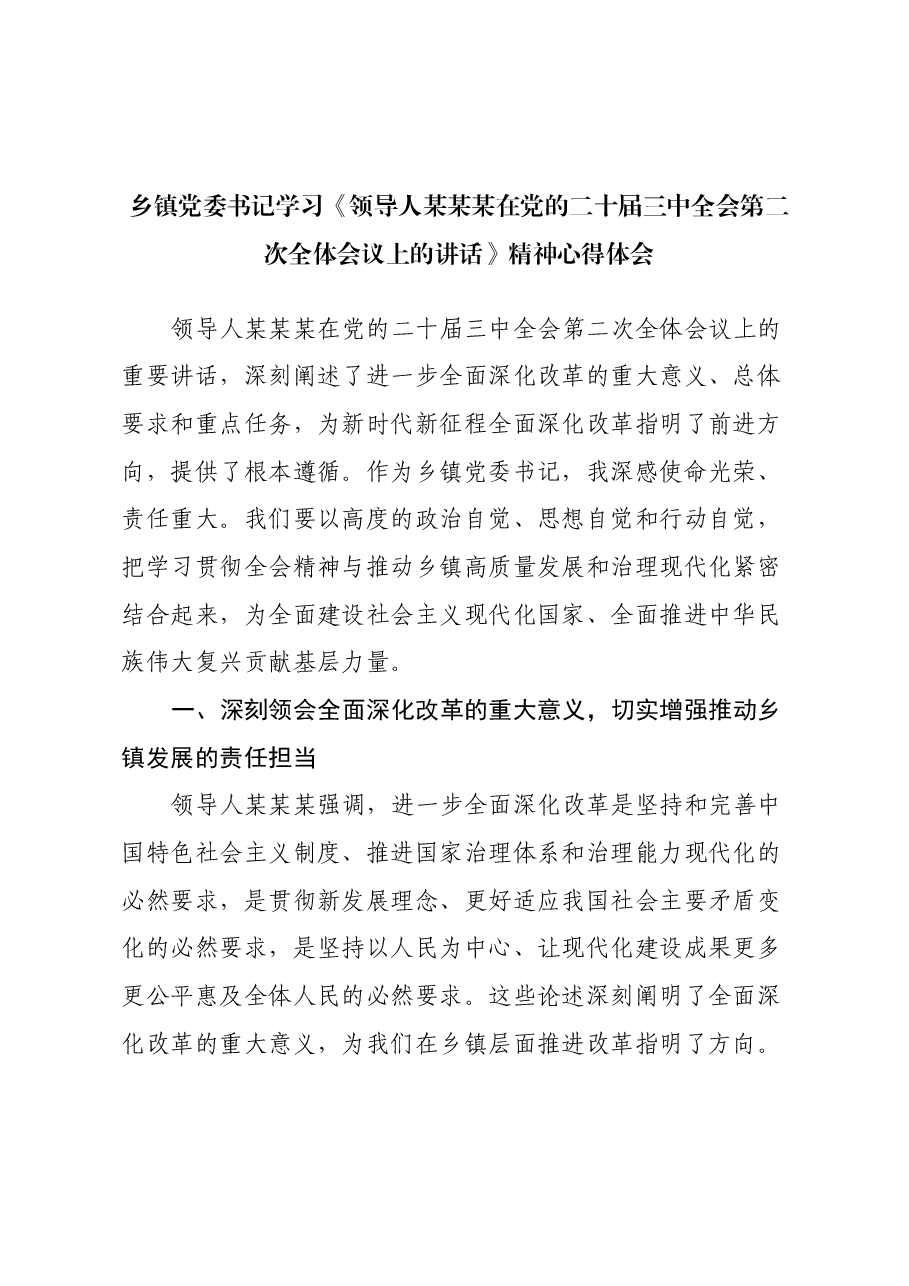 乡镇党委书记学习《习近平总书记在党的二十届三中全会第二次全体会议上的讲话》精神心得体会.docx，第1页预览