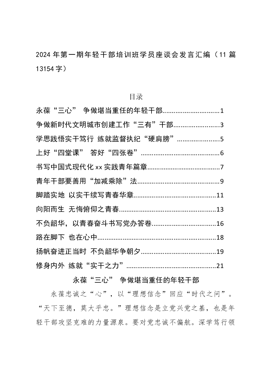 (11篇)2024年第一期年轻干部培训班学员座谈会发言汇编.docx,第1页预览