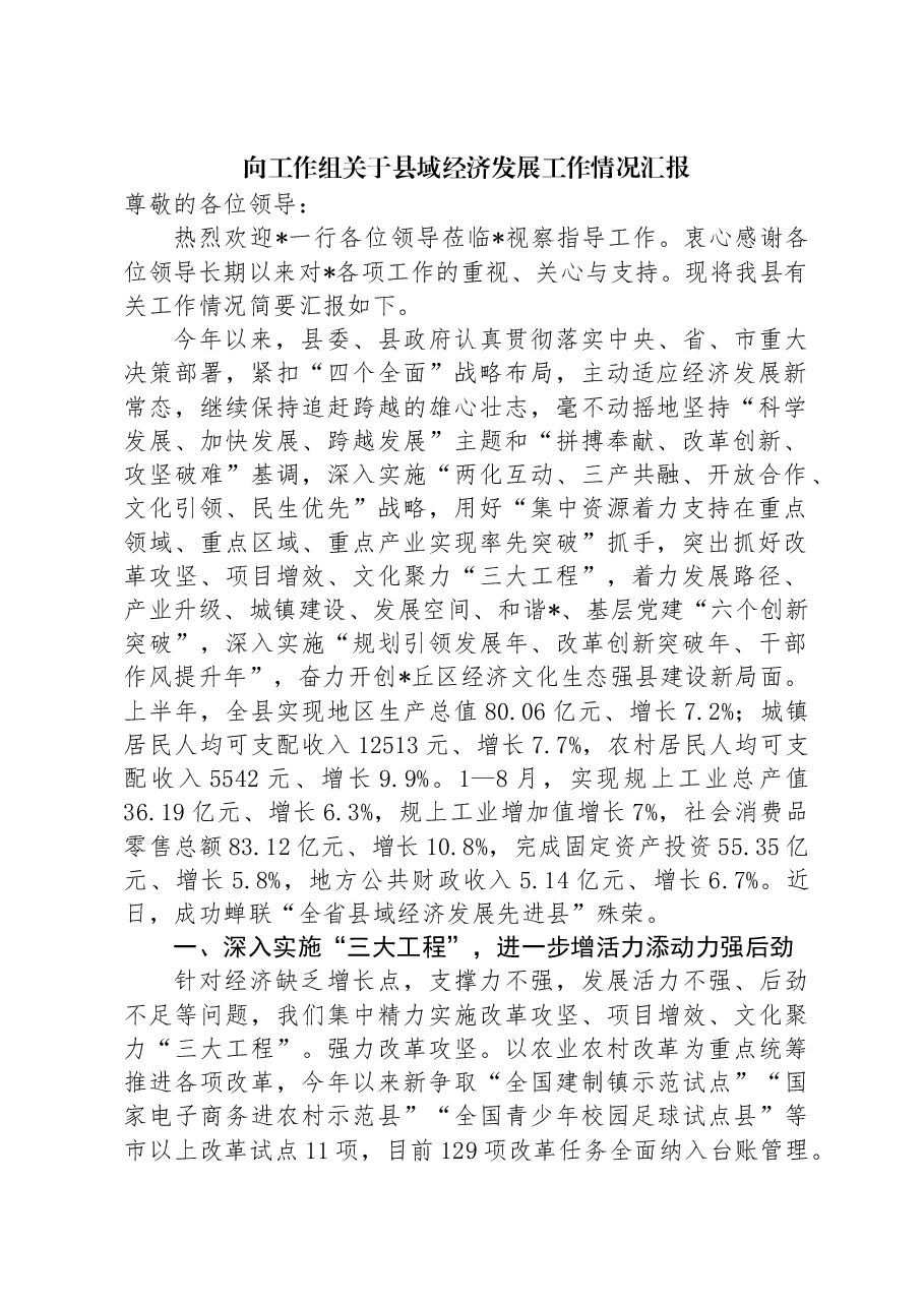 向工作组关于县域经济发展工作情况汇报.docx,第1页预览