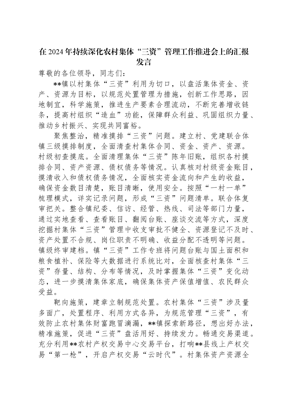 在2024年持续深化农村集体“三资”管理工作推进会上的汇报发言.docx,第1页预览