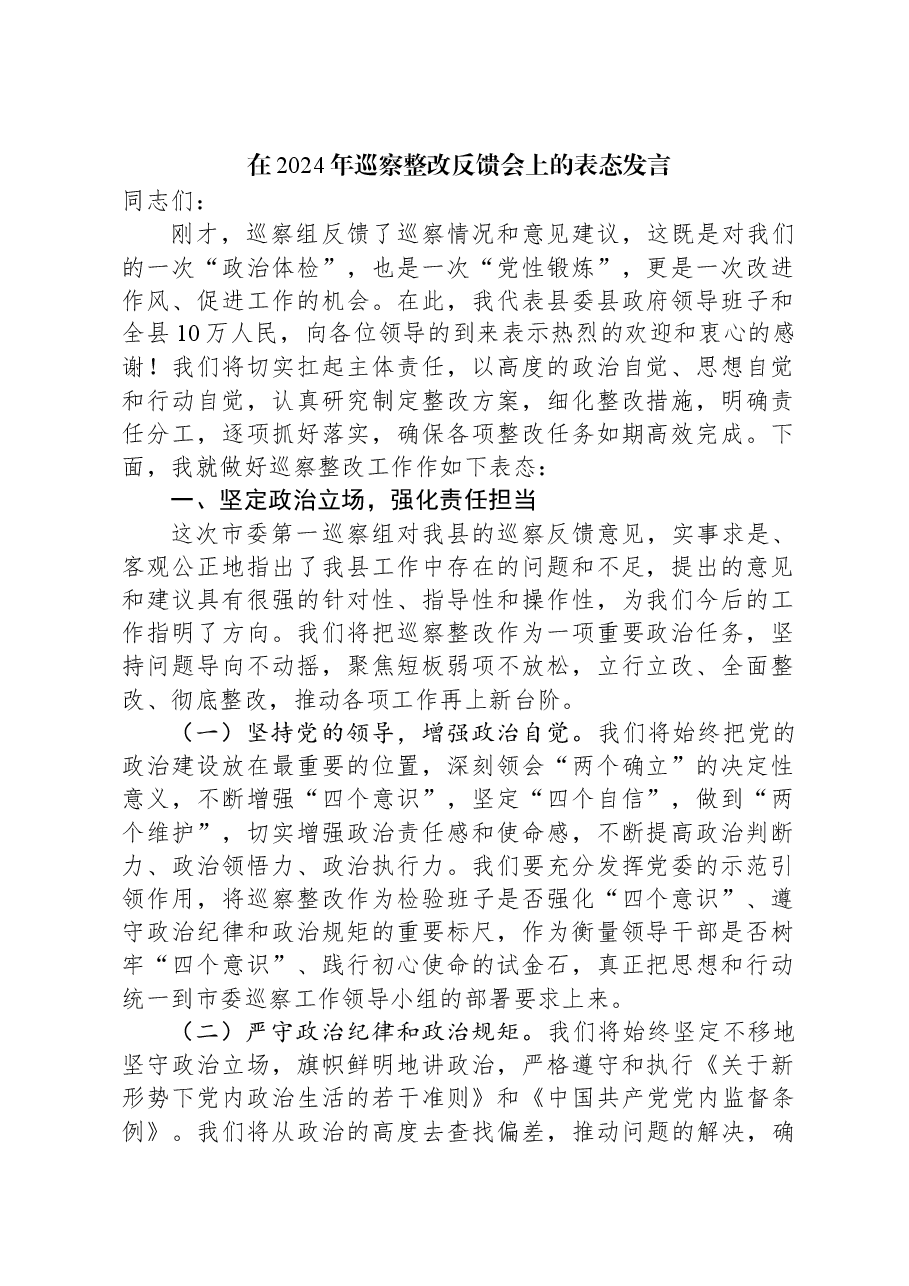 在2024年巡察整改反馈会上的表态发言.docx,第1页预览