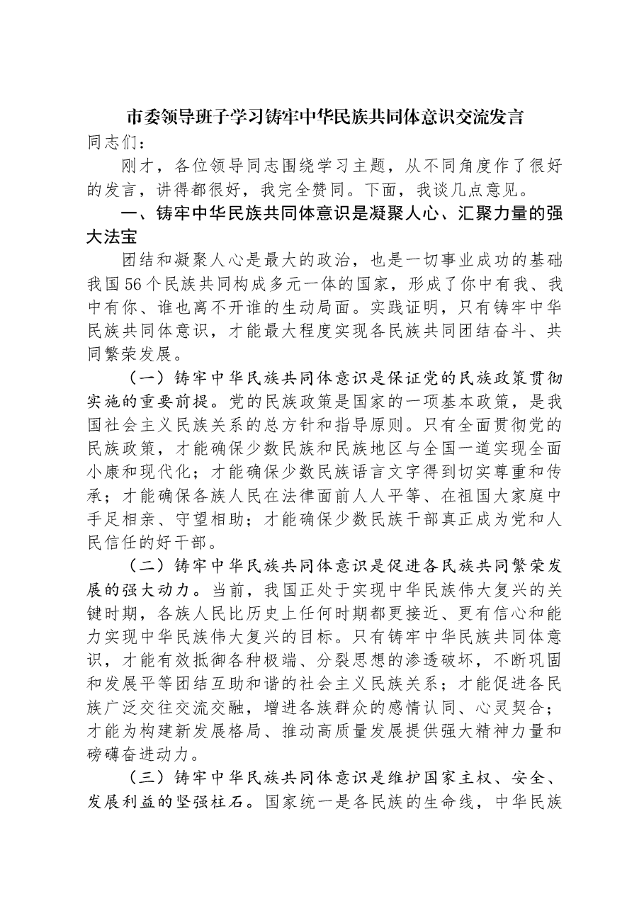 市委领导班子学习铸牢中华民族共同体意识交流发言.docx,第1页预览