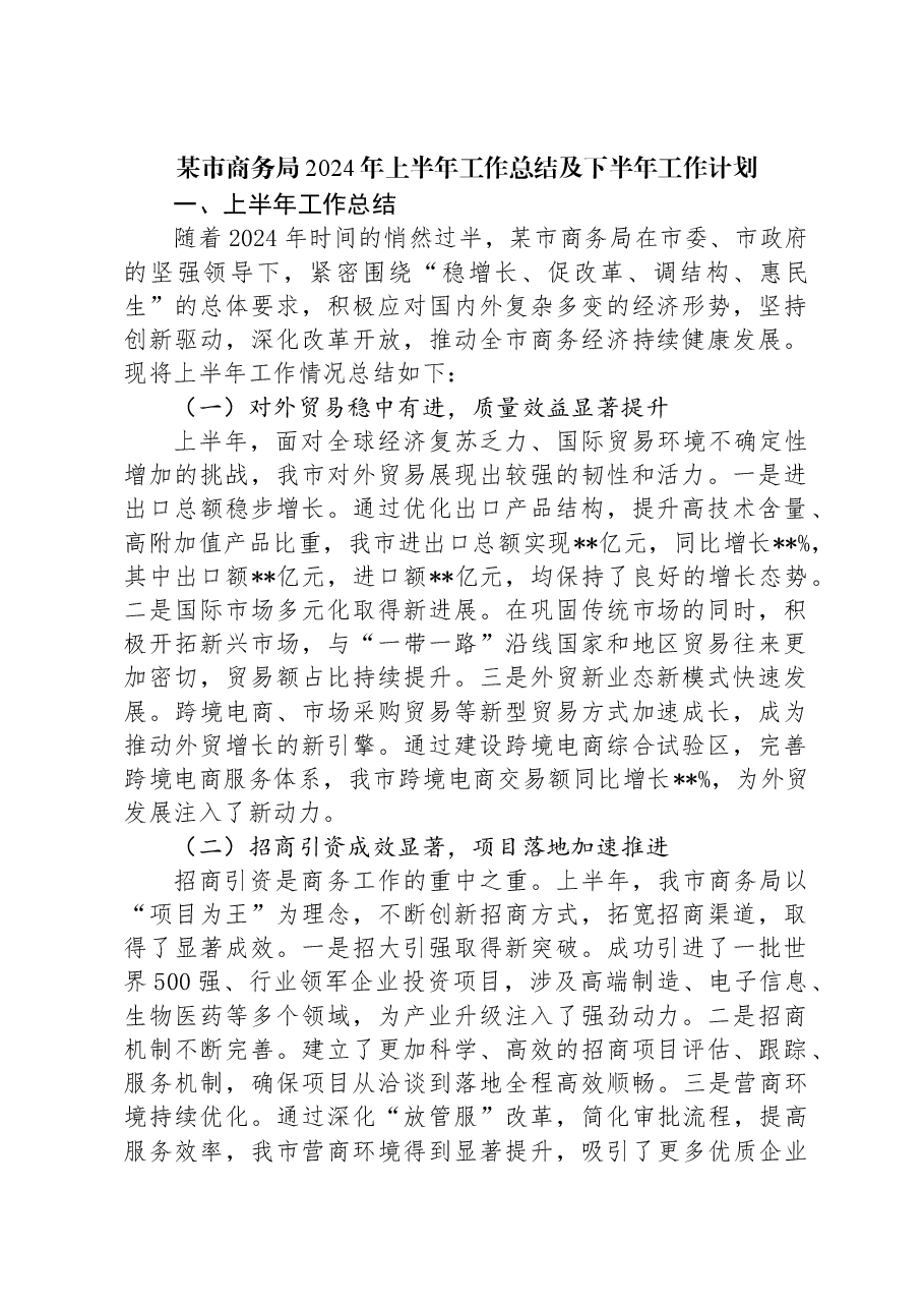 某市商务局2024年上半年工作总结及下半年工作计划.docx,第1页预览