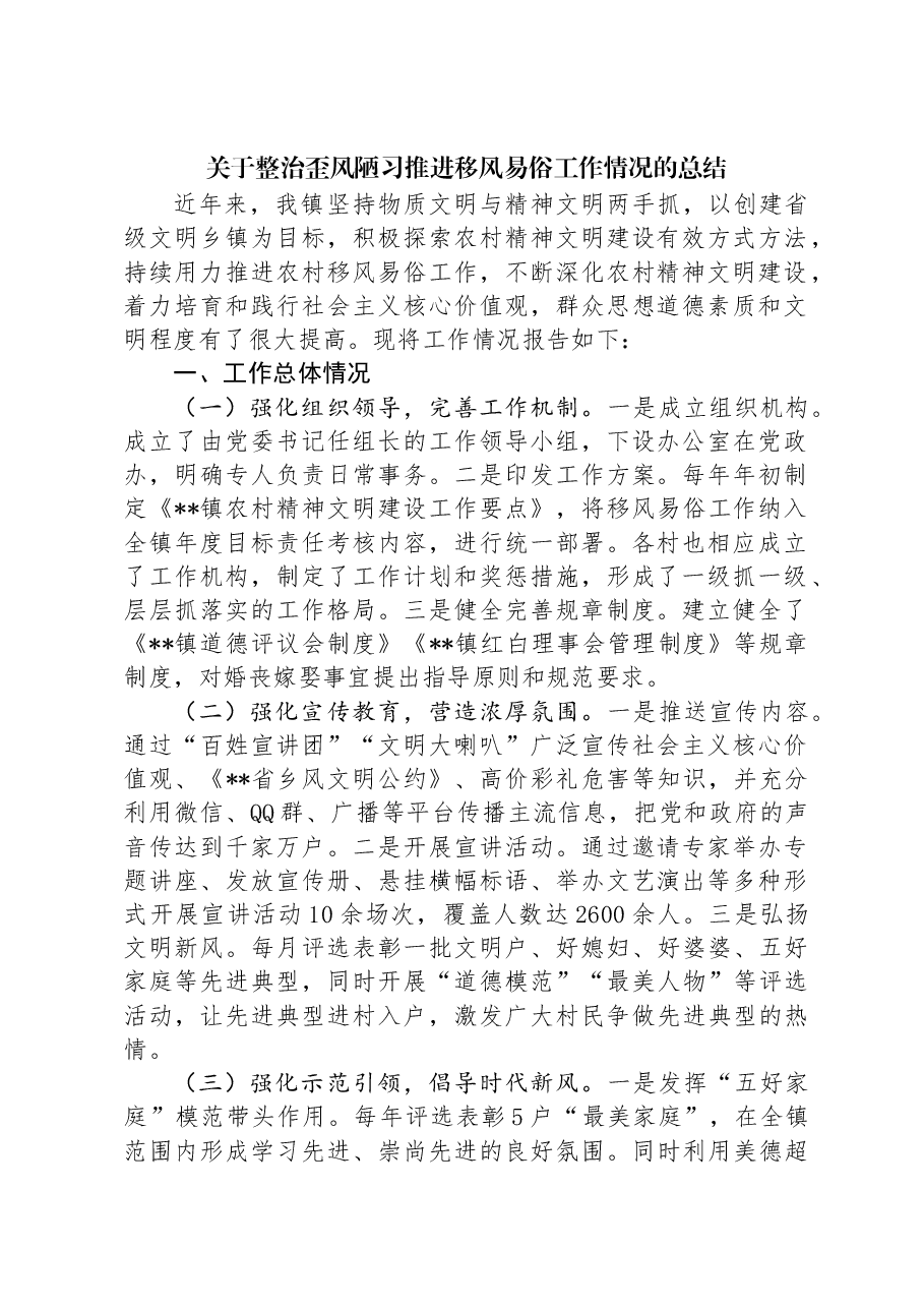 关于整治歪风陋习推进移风易俗工作情况的总结.docx,第1页预览