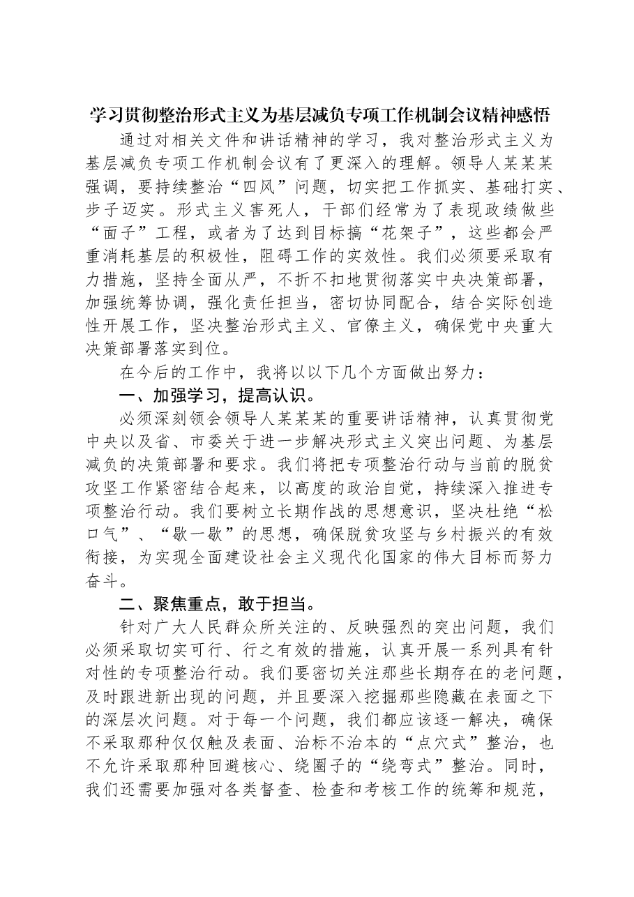 学习贯彻整治形式主义为基层减负专项工作机制会议精神感悟.docx,第1页预览