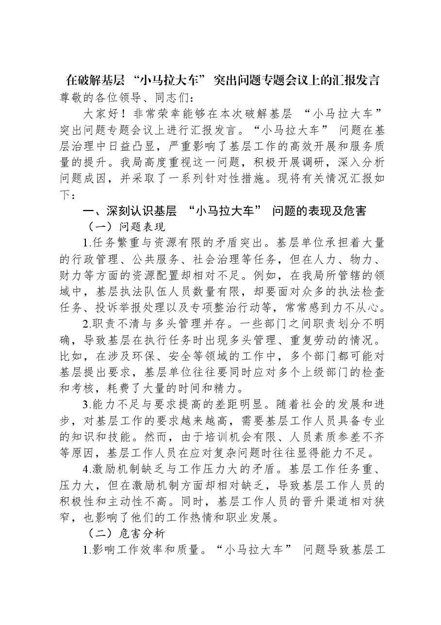 在破解基层“小马拉大车”突出问题专题会议上的汇报发言.docx,第1页预览