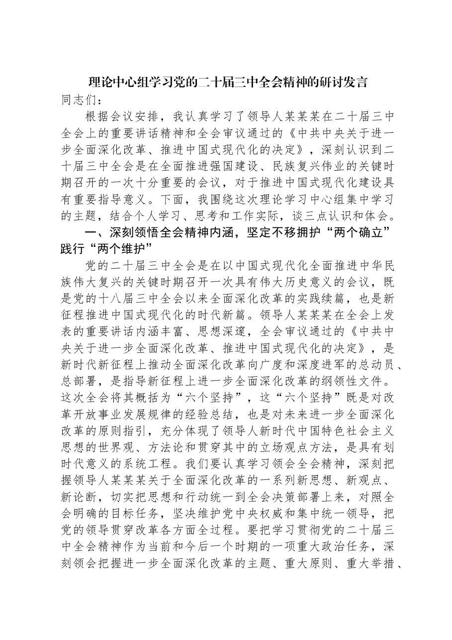 理论中心组学习党的二十届三中全会精神的研讨发言.docx,第1页预览