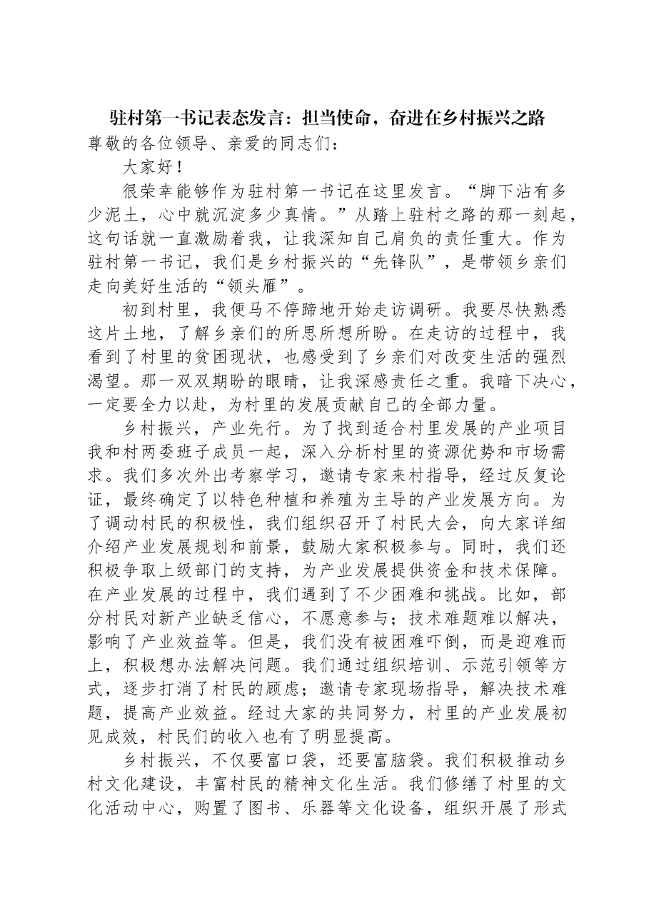 驻村第一书记表态发言:担当使命,奋进在乡村振兴之路.docx,第1页预览
