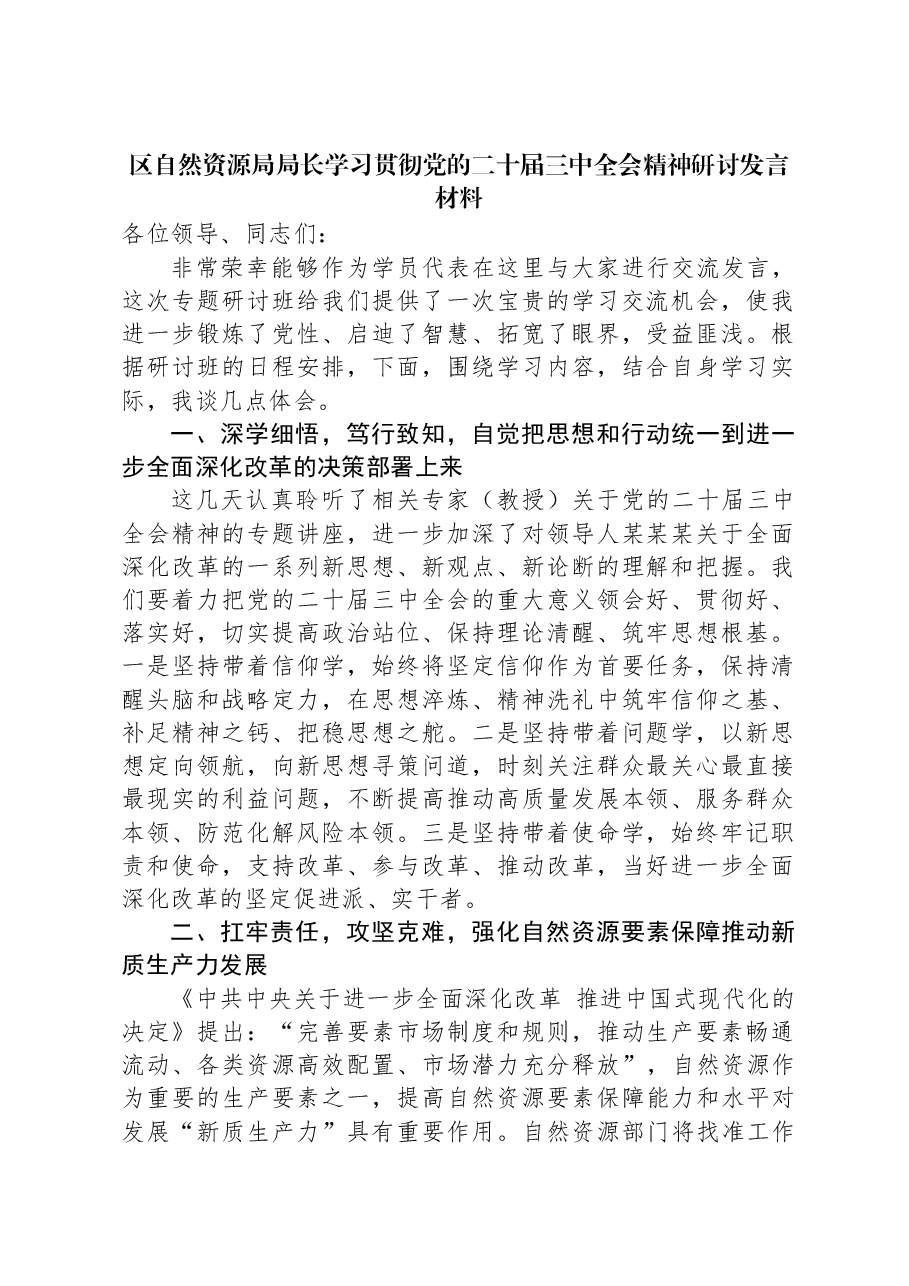 区自然资源局局长学习贯彻党的二十届三中全会精神研讨发言材料.docx,第1页预览