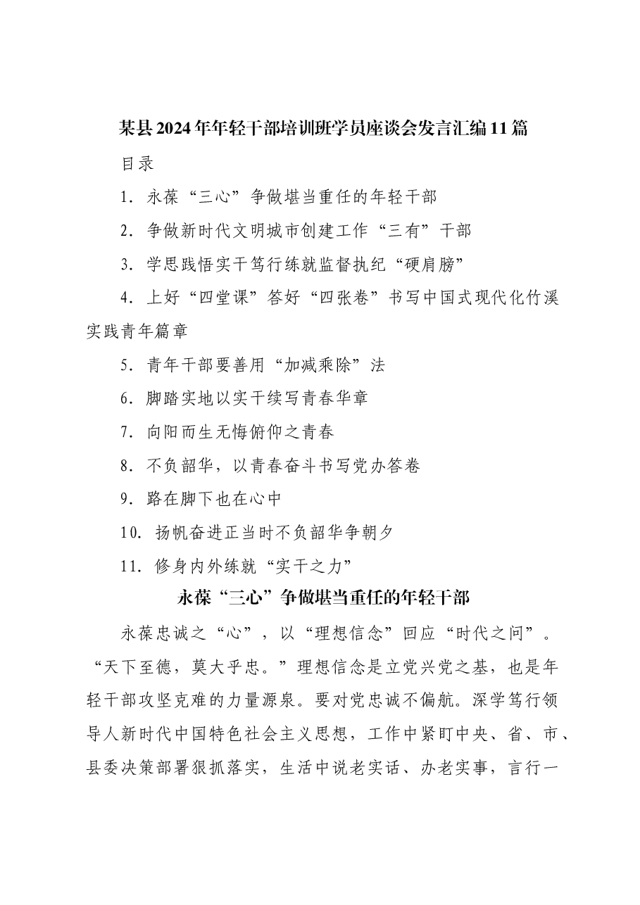(11篇)某县2024年年轻干部培训班学员座谈会发言汇编.docx,第1页预览