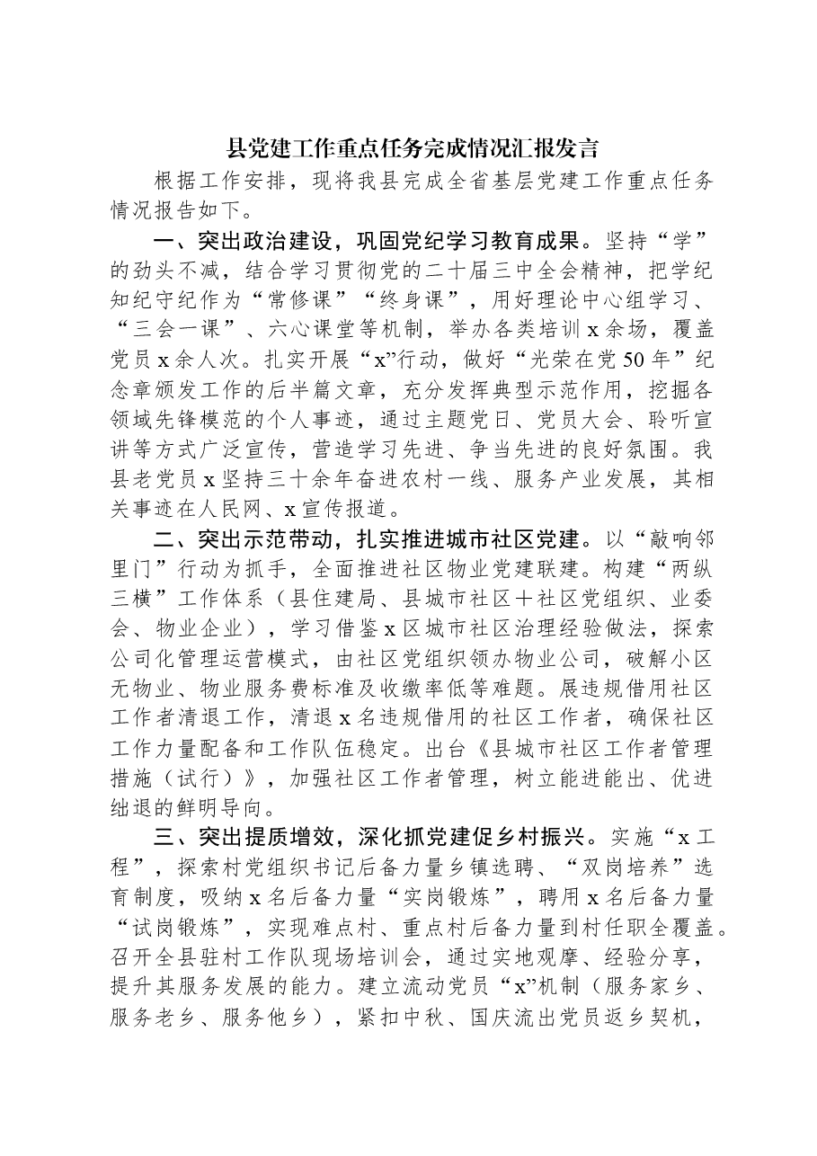 县党建工作重点任务完成情况汇报发言.docx,第1页预览