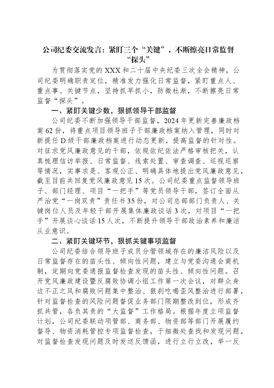 公司纪委交流发言:紧盯三个“关键”,不断擦亮日常监督“探头”.docx,第1页预览