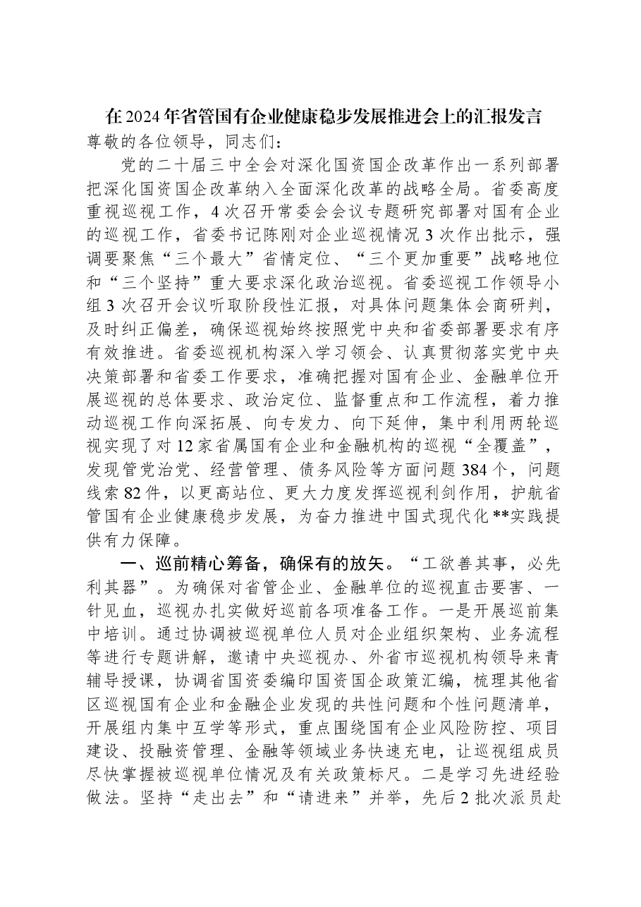 在2024年省管国有企业健康稳步发展推进会上的汇报发言.docx,第1页预览