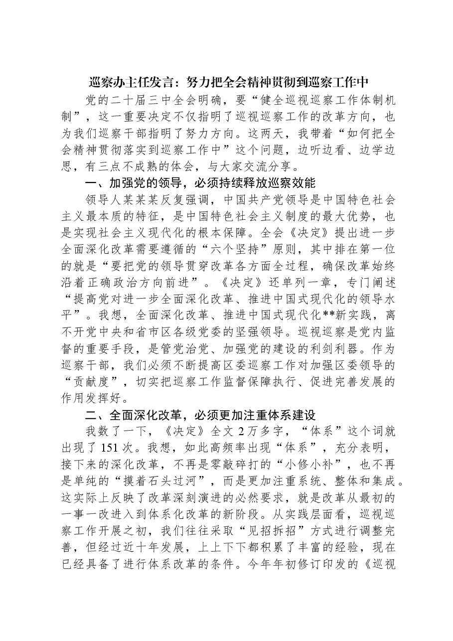巡察办主任发言：努力把全会精神贯彻到巡察工作中.docx，第1页预览