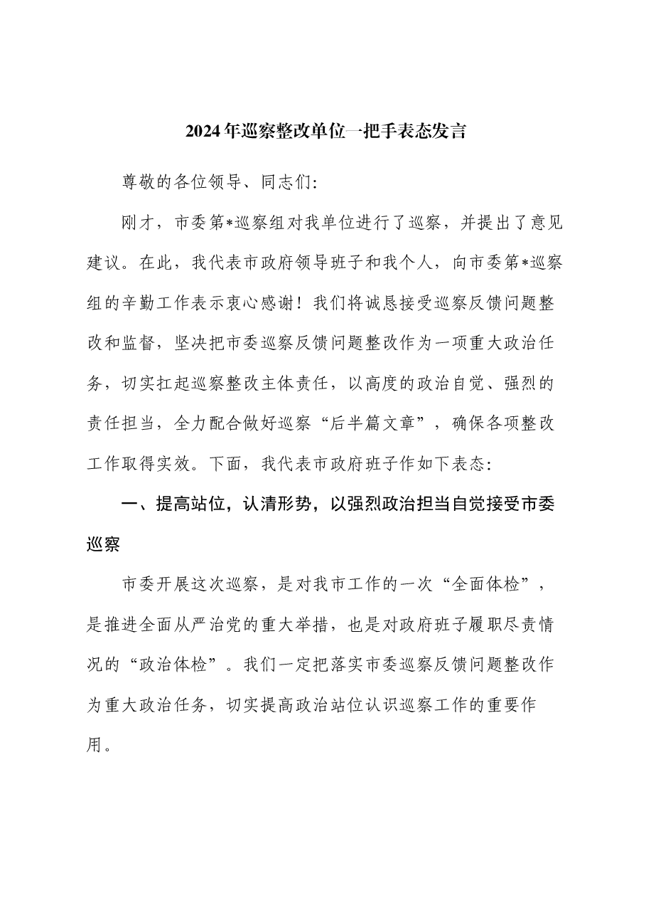 2024年巡察整改单位一把手表态发言.docx,第1页预览
