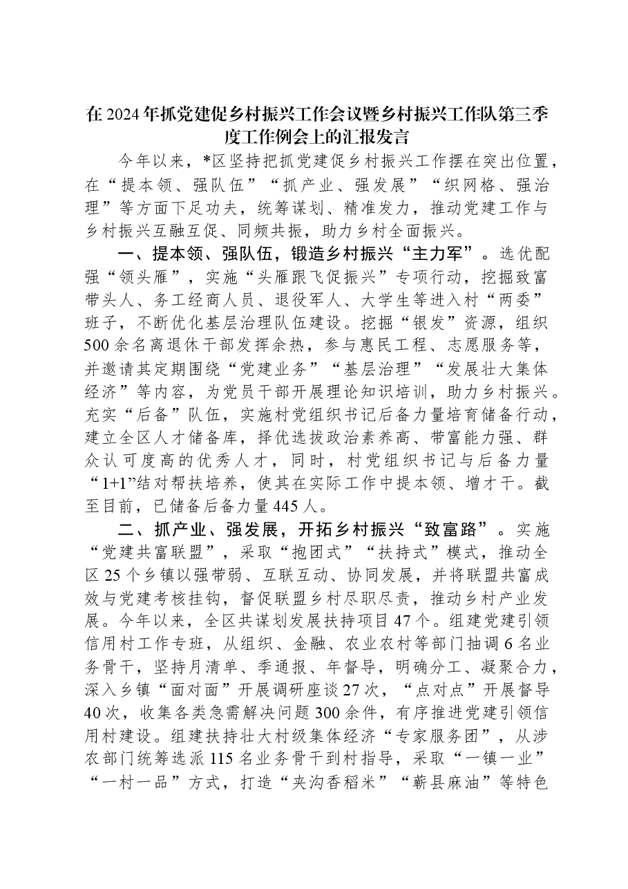 在2024年抓党建促乡村振兴工作会议暨乡村振兴工作队第三季度工作例会上的汇报发言.docx,第1页预览