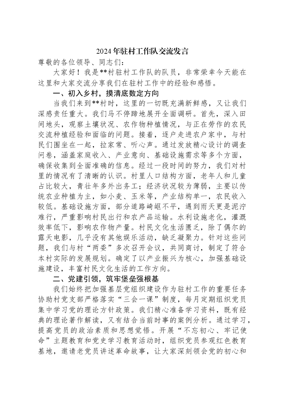 2024年驻村工作队交流发言.docx,第1页预览