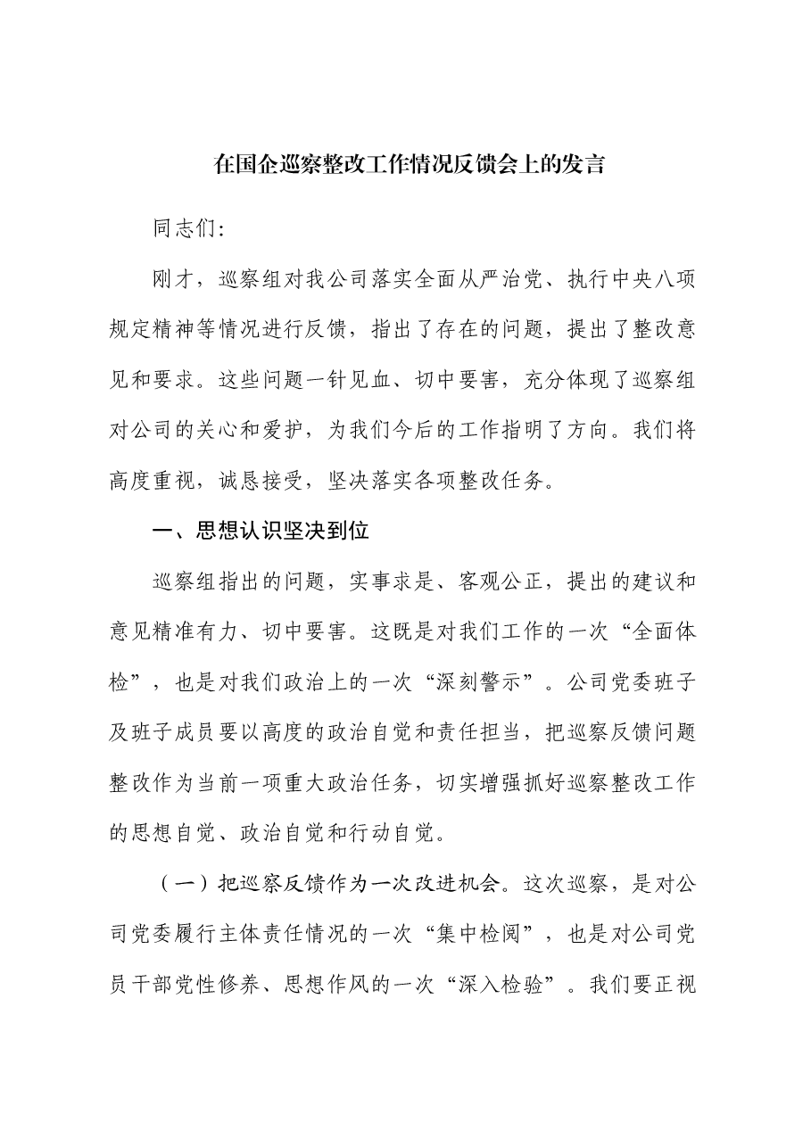 在公司巡察整改工作情况反馈会上的发言.docx,第1页预览