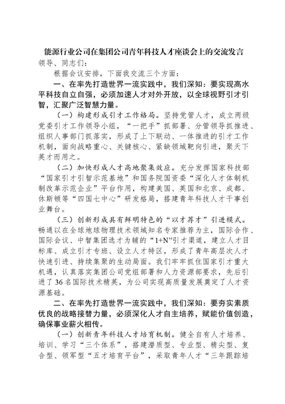 能源行业公司在集团公司青年科技人才座谈会上的交流发言.docx,第1页预览