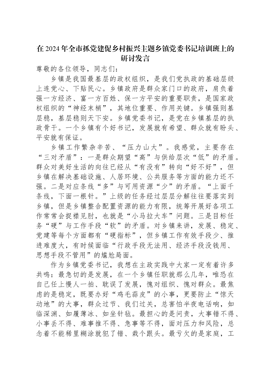 在2024年全市抓党建促乡村振兴主题乡镇党委书记培训班上的研讨发言.docx,第1页预览