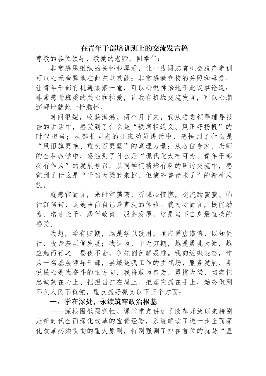 在青年干部培训班上的交流发言稿.docx,第1页预览