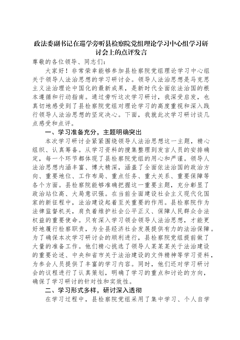 政法委副书记在巡学旁听县检察院党组理论学习中心组学习研讨会上的点评发言.docx,第1页预览