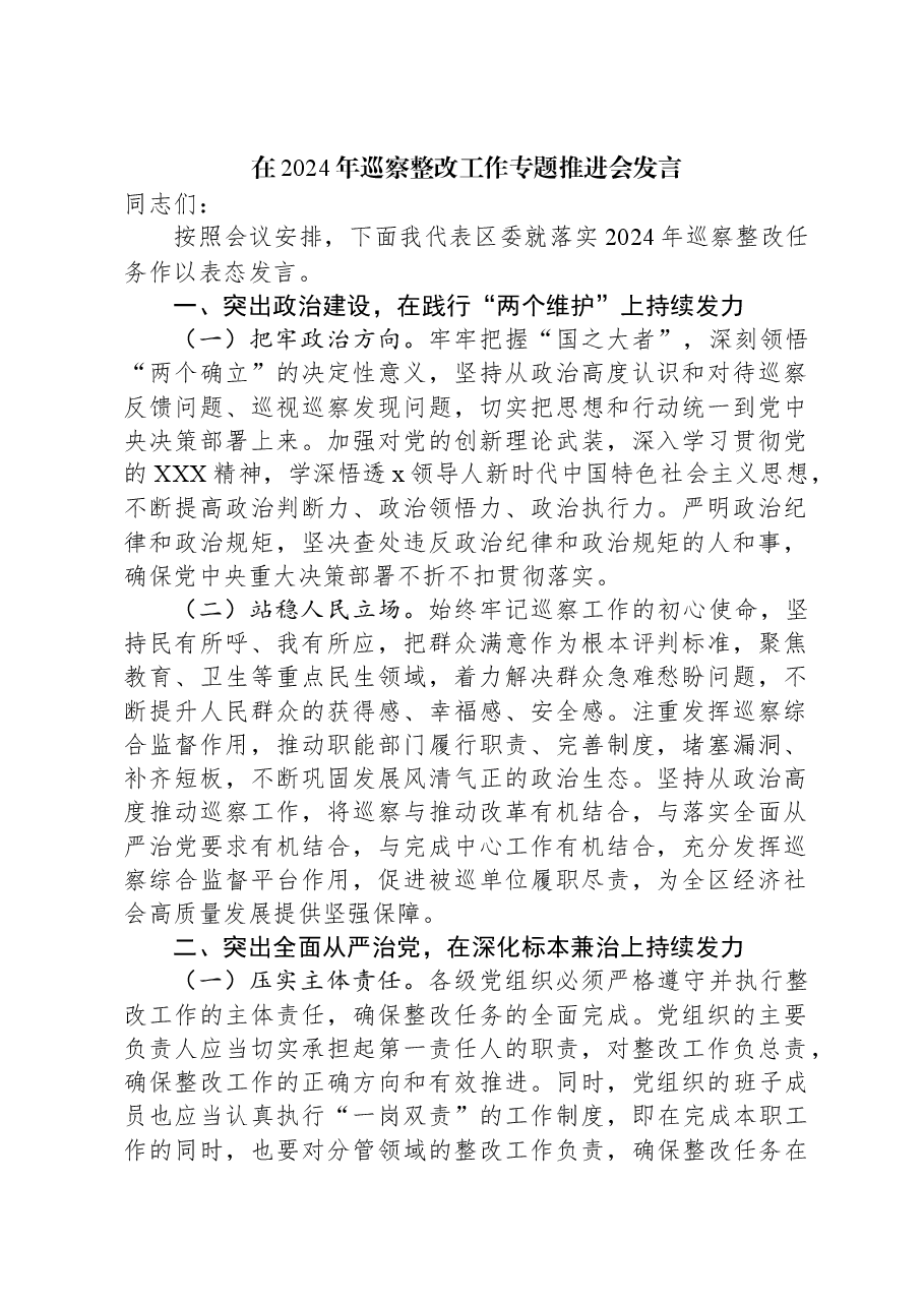 在2024年巡察整改工作专题推进会发言.docx，第1页预览