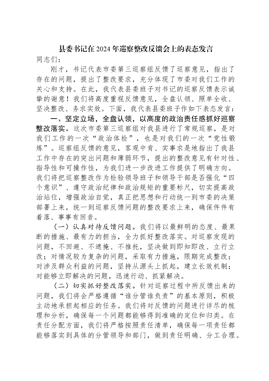 县委书记在2024年巡察整改反馈会上的表态发言.docx,第1页预览