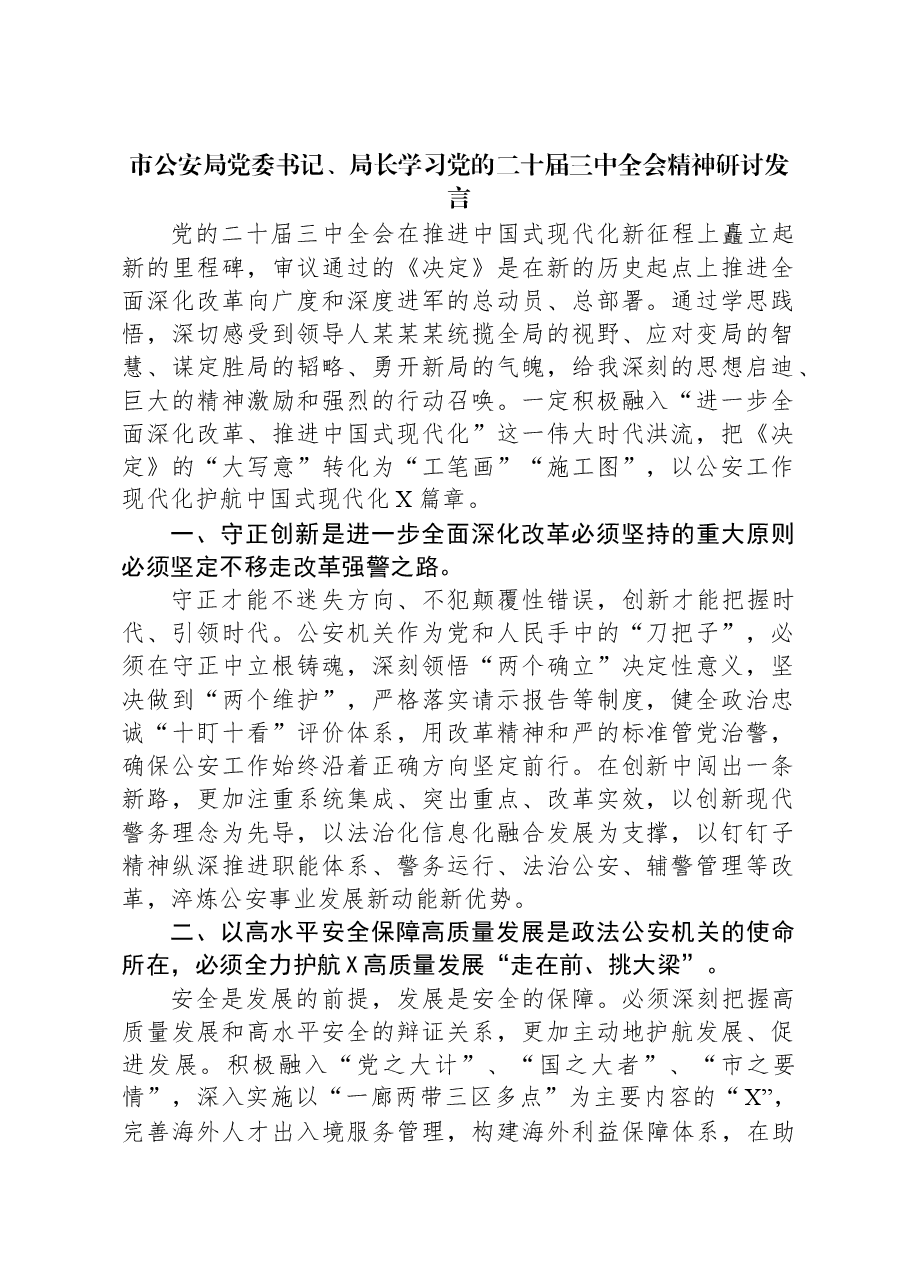 市公安局党委书记、局长学习党的二十届三中全会精神研讨发言.docx,第1页预览