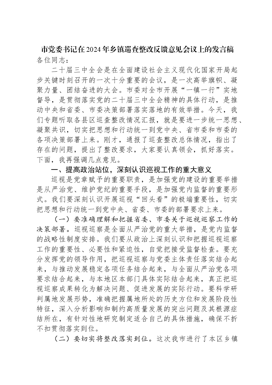 市党委书记在2024年乡镇巡查整改反馈意见会议上的发言稿.docx,第1页预览