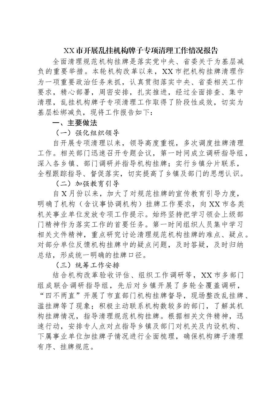 XX市开展乱挂机构牌子专项清理工作情况报告.docx,第1页预览