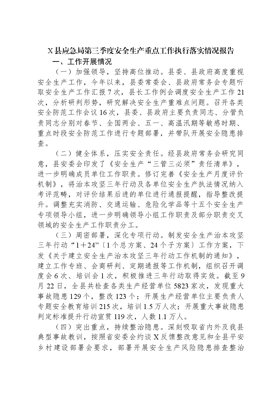 X县应急局第三季度安全生产重点工作执行落实情况报告.docx,第1页预览